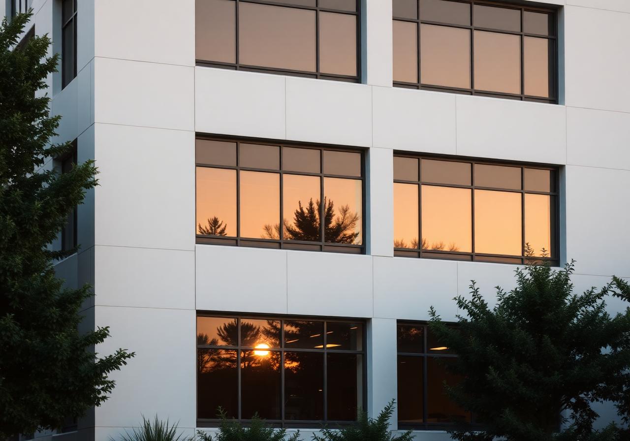 Fassade eines modernen Bürogebäudes mit Sonnenuntergang in den Fenstern