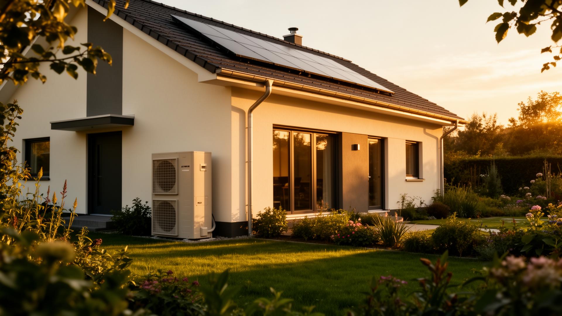 Modernes energieeffizientes Einfamilienhaus mit Wärmepumpe und Photovoltaik im Abendlicht