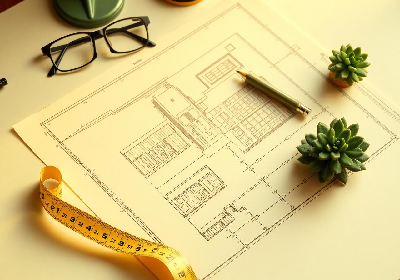 Bauplan eines Wohngebäudes mit Maßband, Brille und Pflanze auf dem Ingenieurschreibtisch
