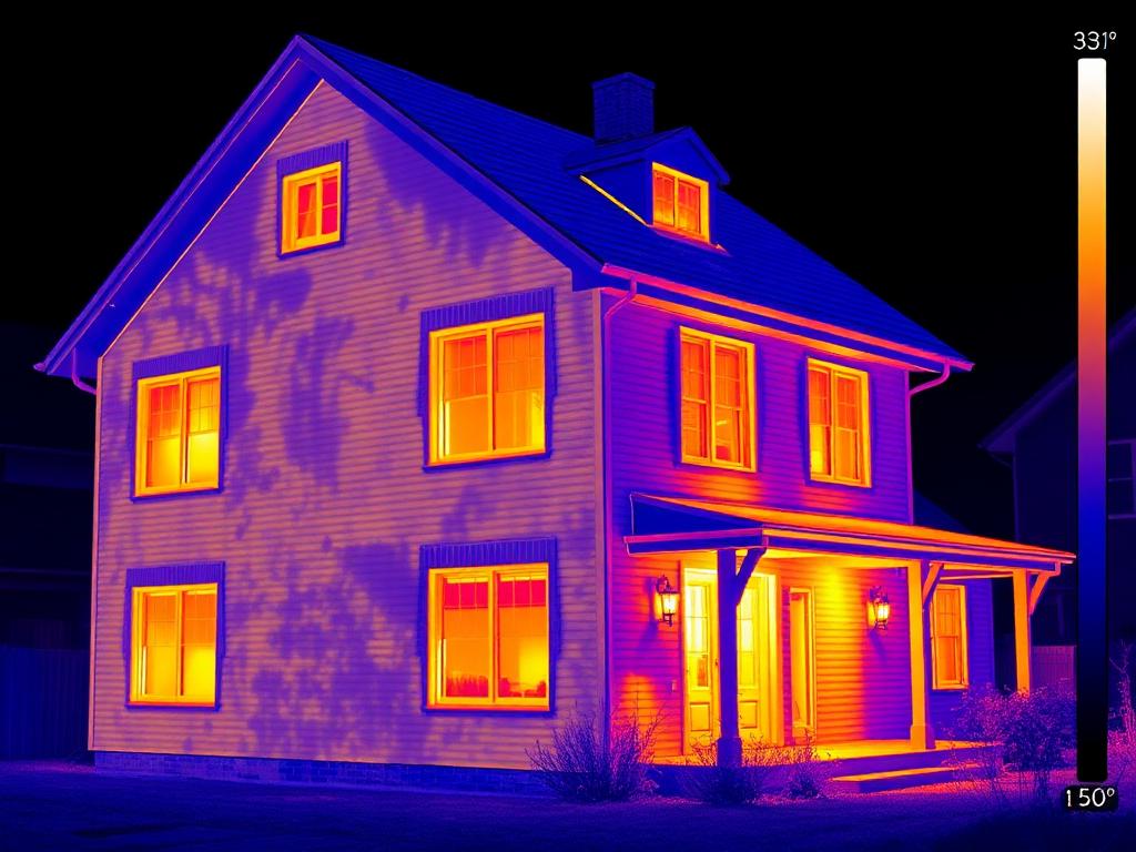 Thermografie-Aufnahme einer Hausfassade mit sichtbaren Wärmebrücken
